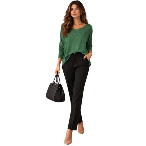 Tops - Green Asymmetrical Draped Tunic Top Long Sleeve Cotton Blend Blouse - L